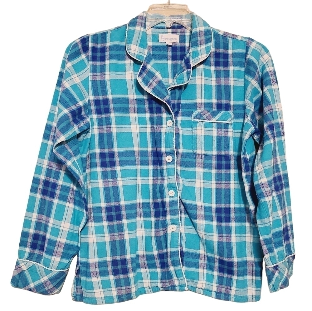 Pajamagram | Women's Blue and Green Plaid Button-Down Pajama Top (Size Medium)